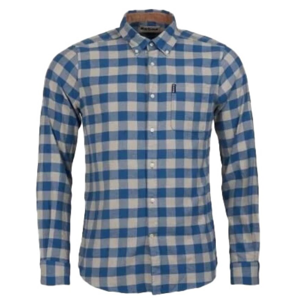 Barbour Men's Tailored Fit Blue and Tan Gingham Button-down Shirt S
